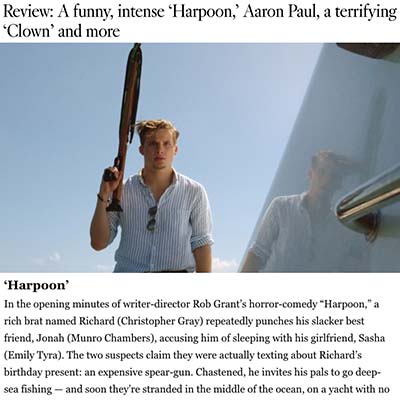 Review: A funny, intense ‘Harpoon,’ Aaron Paul, a terrifying ‘Clown’ and more